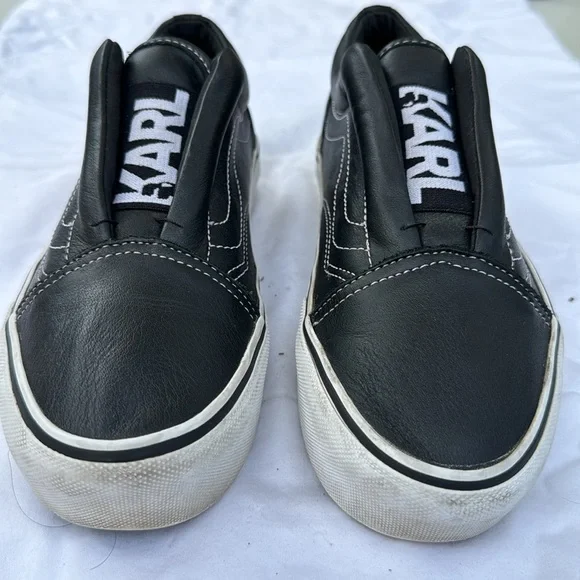 VANS X KARLD LAGERFELD Old SKool Laceless Black Leather Sneakers, Size 8.5W/7 M - Picture 2 of 4